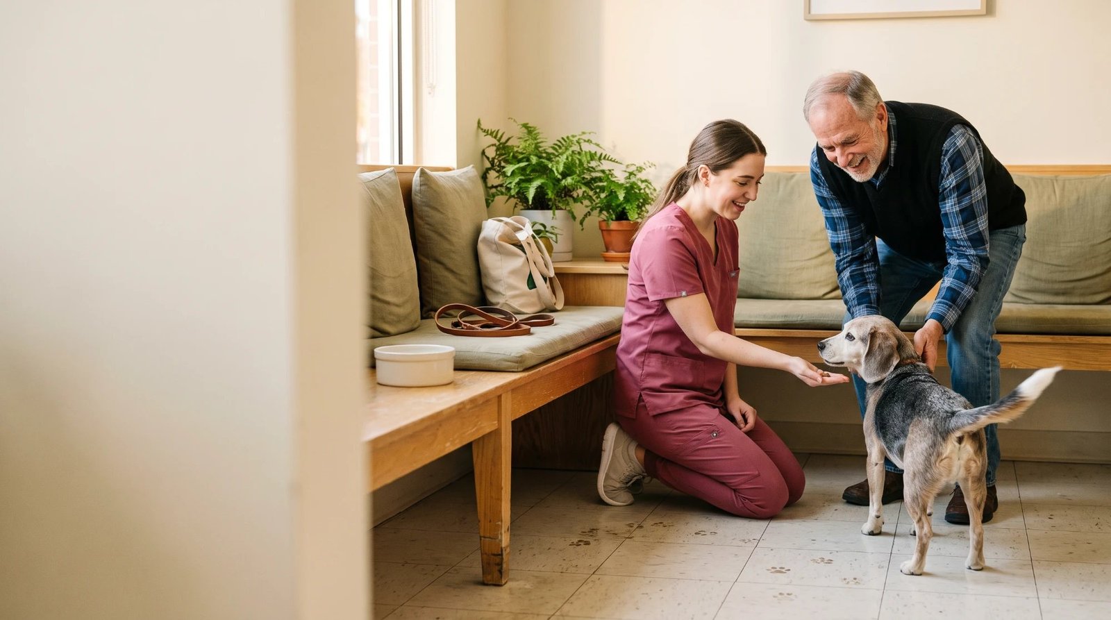 A veterinary technician in rose scrubs kneeling to offer a treat to a gray-muzzled beagle while its smiling older owner in a plaid shirt and vest pets the dog, beside a wooden bench with a leash, a water bowl, and a tote in a sunlit waiting area