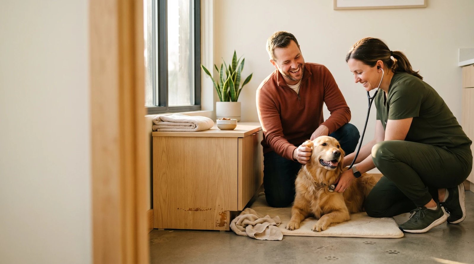 A veterinarian in olive scrubs listening to a golden retriever's chest with a stethoscope while a laughing man in a rust quarter-zip scratches the dog's ear, on a cream mat beside a wooden cabinet with a folded towel and a bowl of treats